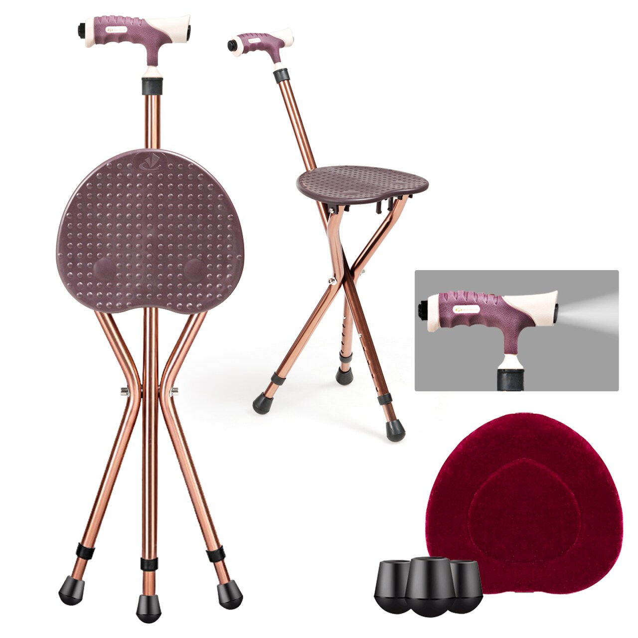 Goplus Adjustable Folding Cane Seat Aluminum Alloy Crutch Chair with Light Blue/Coffee/Black
